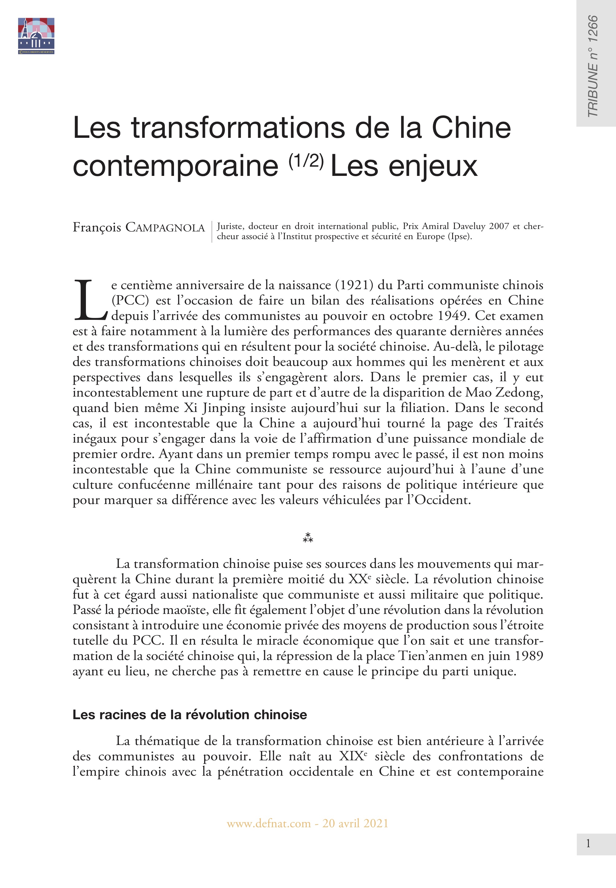 Les transformations de la Chine contemporaine (1/2) Les enjeux (T 1266)
